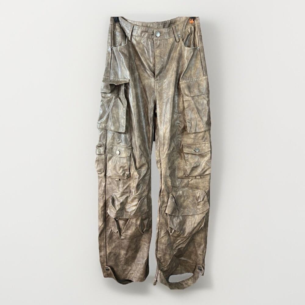 Rehab Lab Faux Leather Cargo Pants Brown Multi Pocket Streetwear Size M